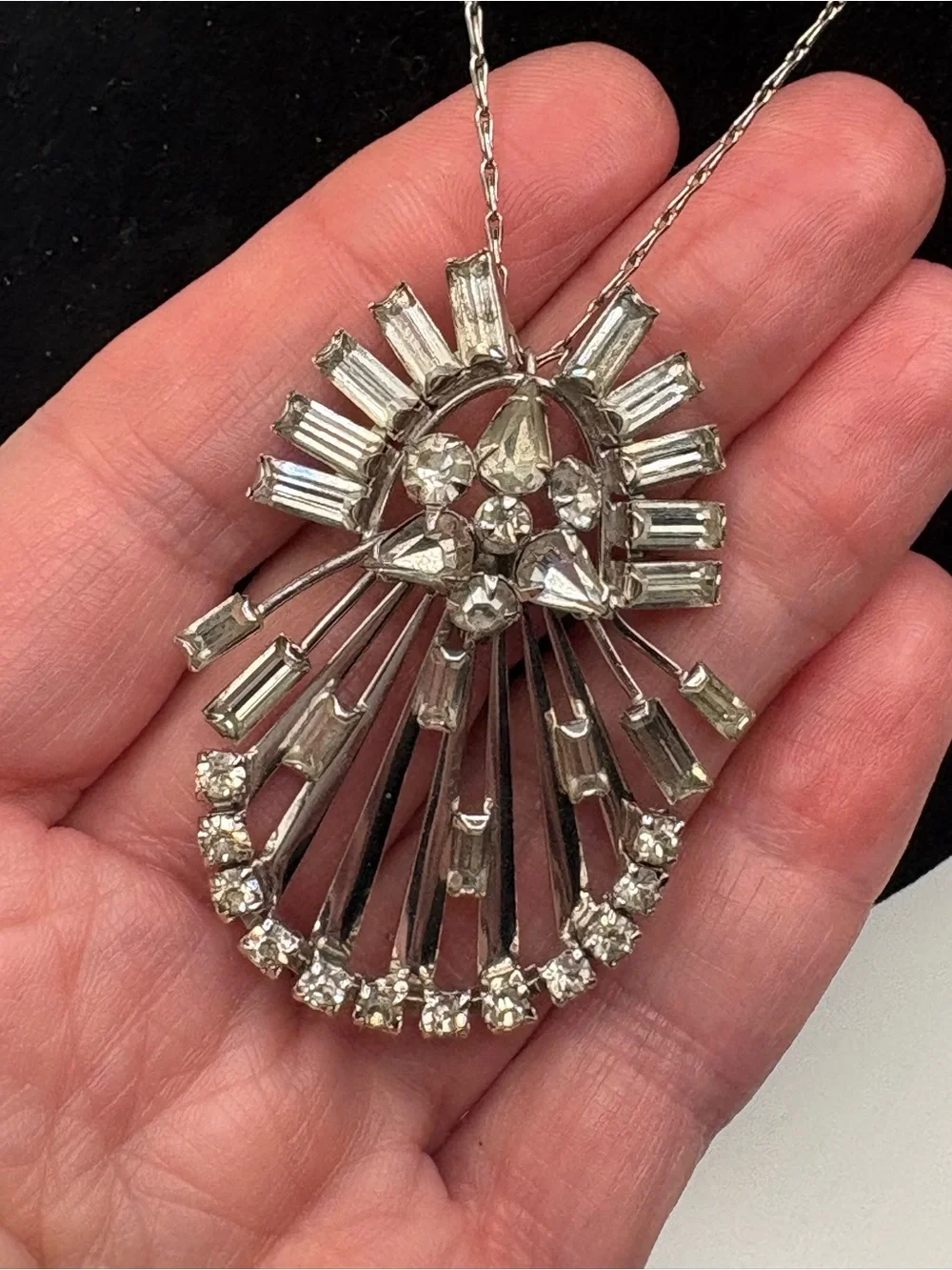 Vintage M&S 1/20 12K GF Rhinestone Convertible Brooch Pendant Necklace